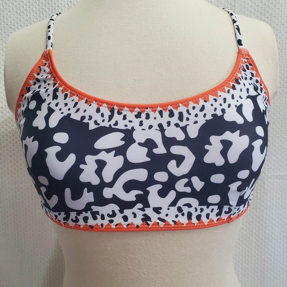 Women’s White & Navy Animal Print Crop Bralette with Orange Trim
